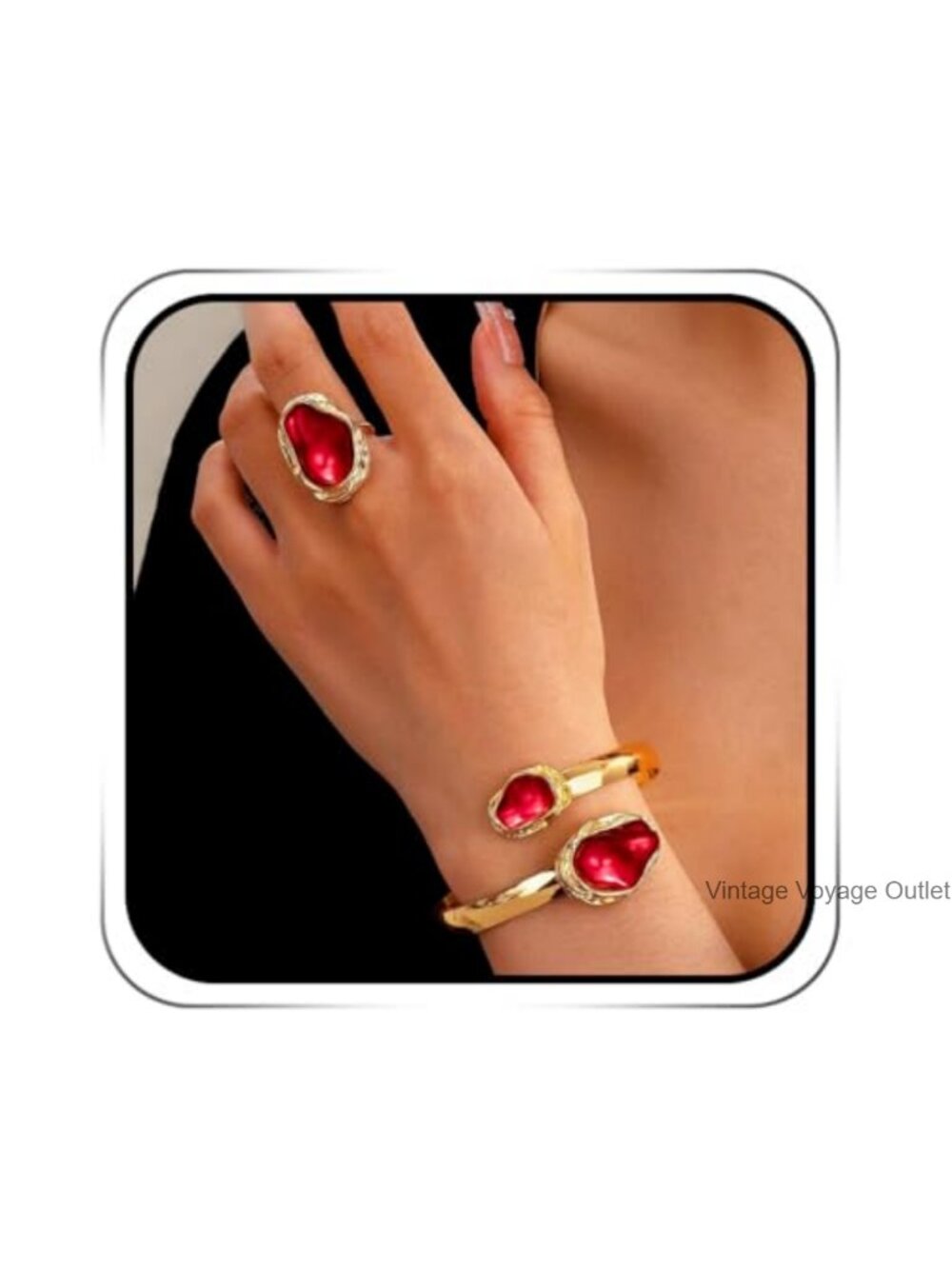 Gold Plated Alloy Open Cuff Bangle & Ring Set Vintage Baroque 2PCS